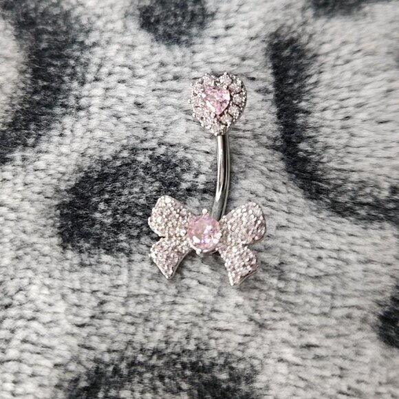 1Pc Unused New Stainless Steel Fashion Pink Y2k Bow With Rhinestones Navel Ring - Picture 1 of 2